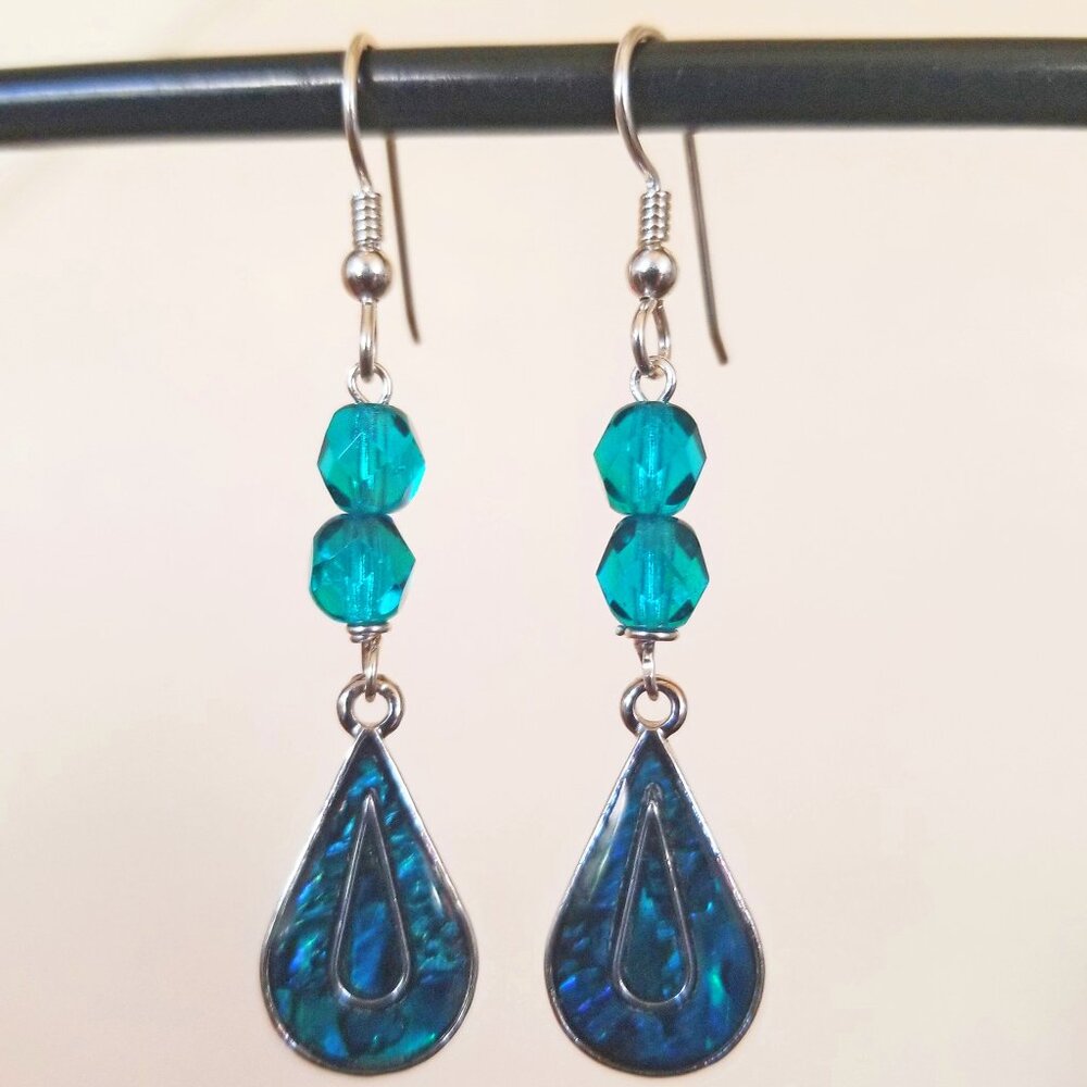 Sterling Silver Teal Blue Shell Teardrop Art Deco Dangle Earrings